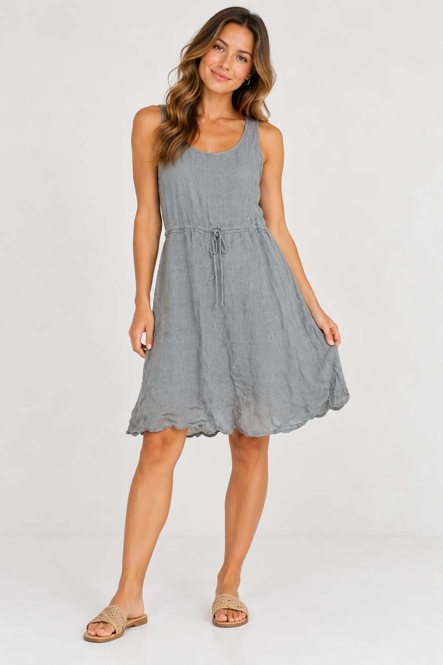 FLAX Linen Dress Size L Gray Drawstring Sleeveless